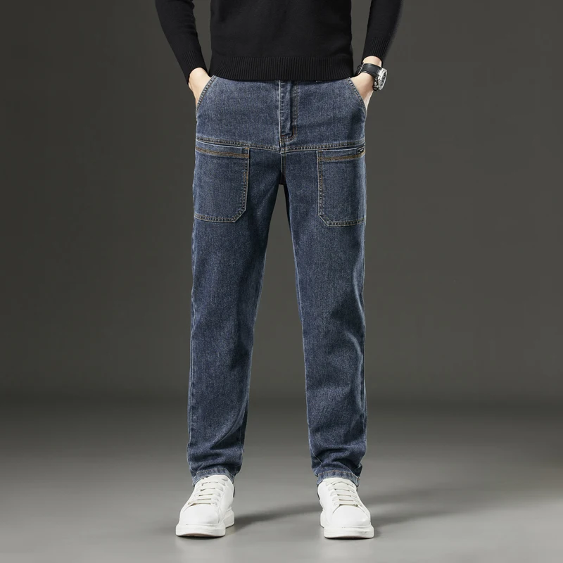 6 جيوب تصميم الدينيم الجينز الرجال 2025 جديد مرونة عالية الدنيم بناطيل كاجوال مستقيم الذكور السراويل موضة منتصف الخصر الجينز