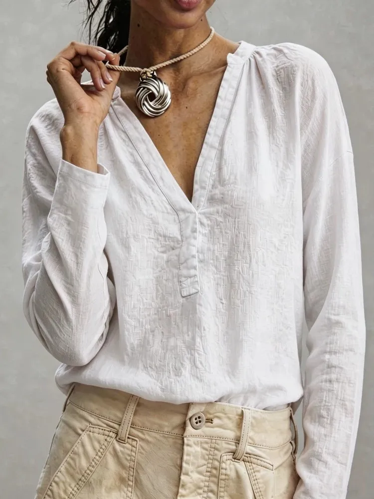 Women's Boho White Shirt New Spring Fashion V Neck Long Sleeve Solid Elegant Casual Office Holiday Party Top Lady Shirts Femme
