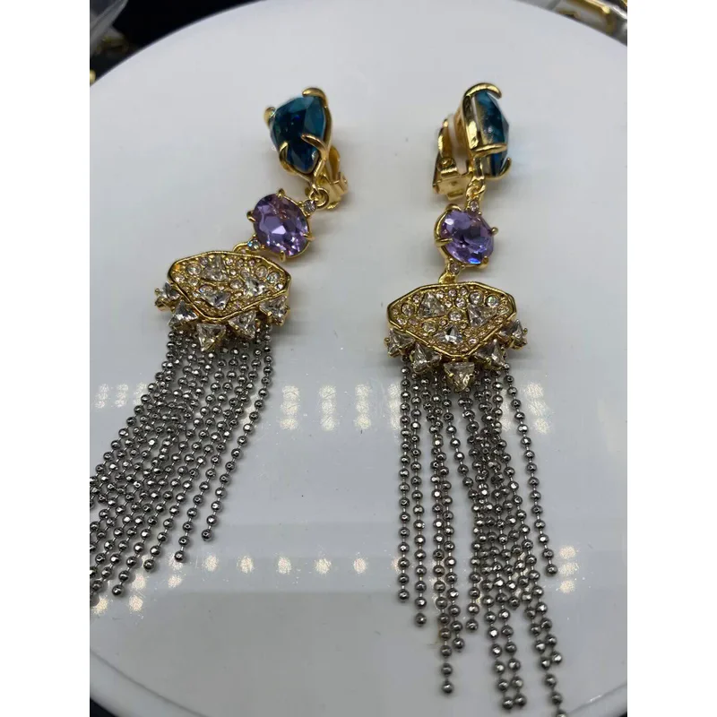 European and American devil design fashion trend gem fringe long clip earrings