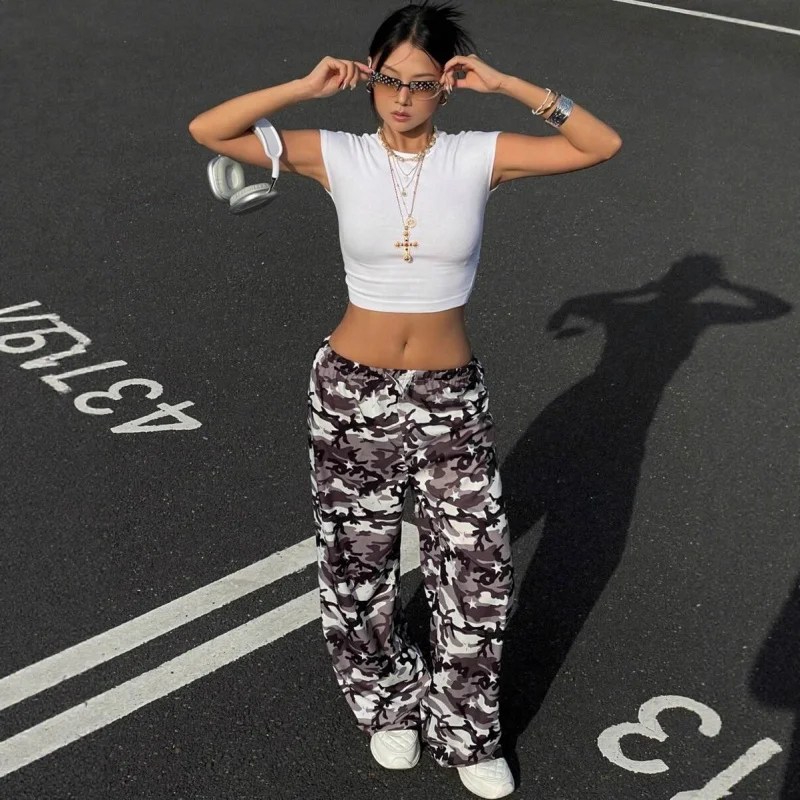 جديد الأوروبية والأمريكية نمط التمويه موضة التخسيس عالية الخصر مستقيم الرباط المرأة السراويل البضائع غير رسمية #1