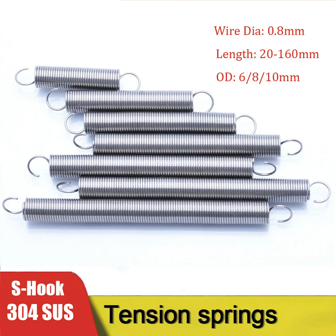 5/2/1Pcs 0.8mm Wire Dia 304 Stainless Steel Dual Hook Small Tension Spring Hardware Accessories Length 20-160mm OD 6mm 8mm 10mm