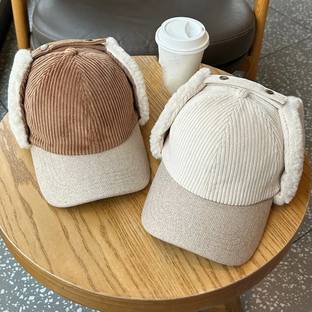 

HT4854 Baseball Cap Men Women Thick Warm Autumn Winter Hat Male Female Fleece Lined Earflap Cap 6 Panels Baseball Hat Riding Cap