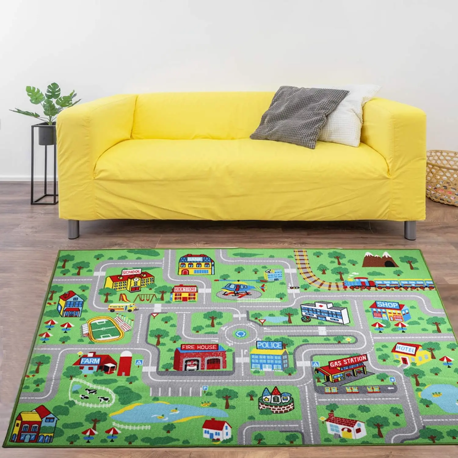 City Life Educational Large Area Rug Soft Washable Printed Floor Playmat for Playroom Bedroom Indoor Home Decor