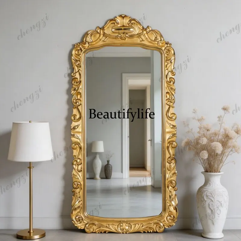 European retro carved rectangular full-length mirror wall hanging living room bedroom decorative mirror light luxury