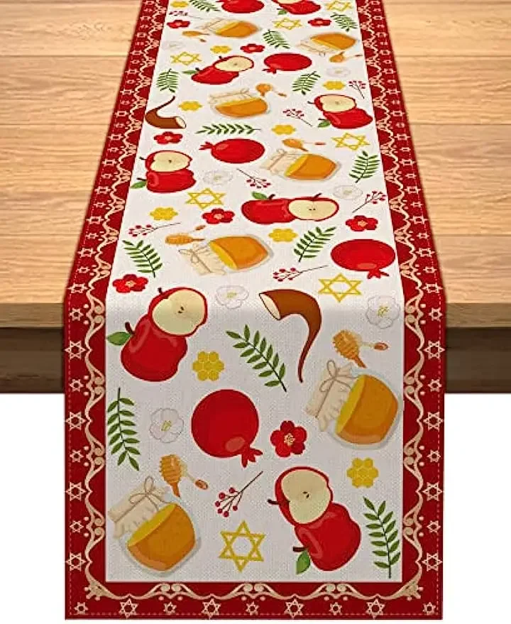 

Shana Tova Linen Table Runners Kitchen Table Decor Jewish New Year Rosh Hashanah Table Runners for Dining Party Decoration