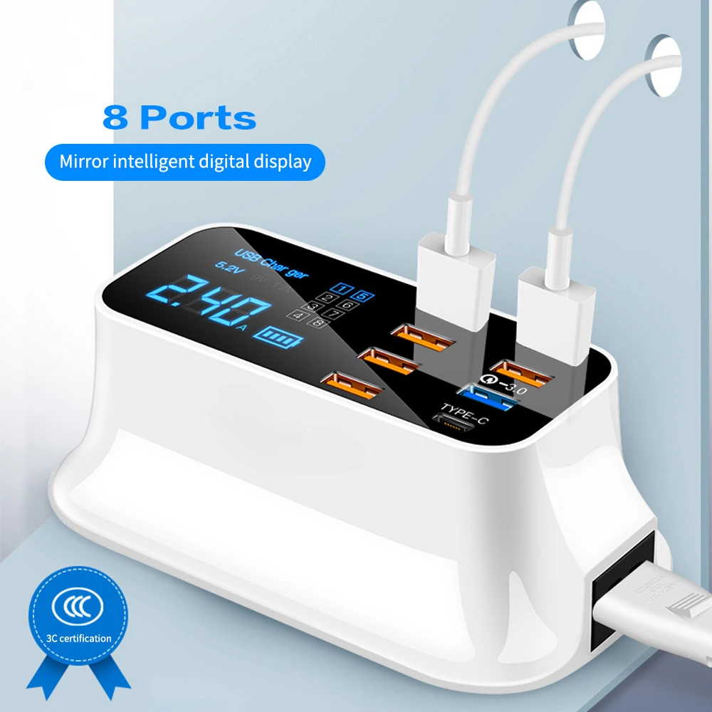 Quick Charge 3.0 LED Display Multi USB Charging Station 8 Port USB Charger Mobile Phone Desktop Wall Home EU UK US Plug