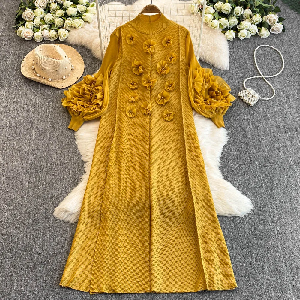 

Elegant Beaded Three-dimensional Flower Dress For Women Spring Collar Pleated Puff Sleeves Loose Boho Long Dress Holiday 2025