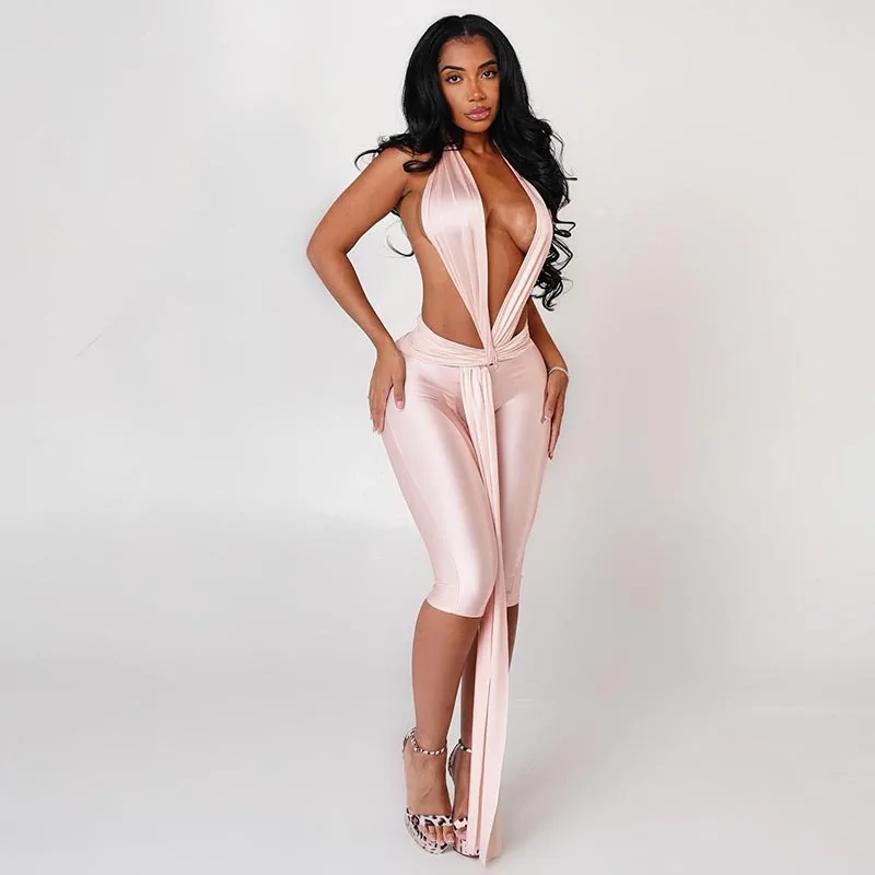 Shiny Ruched Ribbon Calf-length Skinny Jumpsuits Women Sexy Deep V Neck Halter Backless Slim Party Clubwear Rompers Overalls
