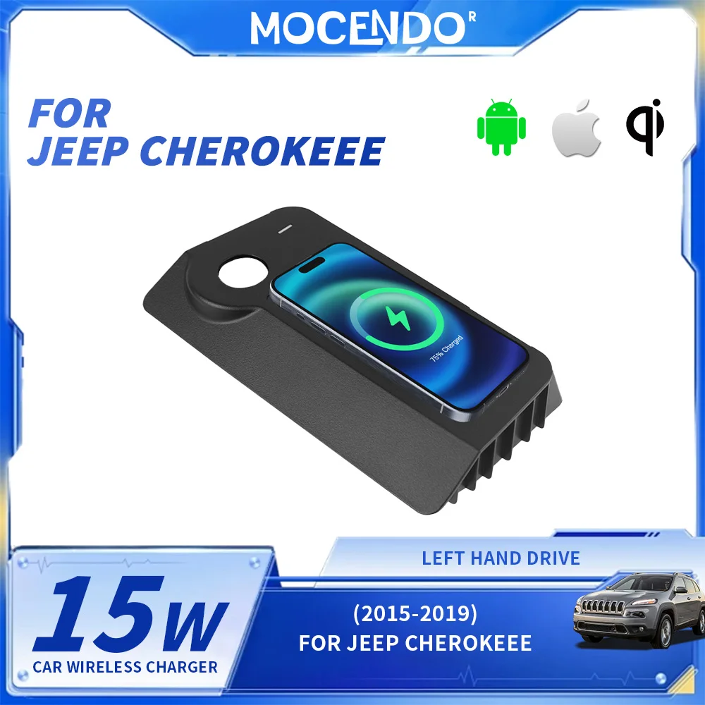 Carregador Sem Fio para Jeep Cherokee 2015-2019, Base de Carregamento Rápido, Suporte para Celular, Adaptador, Acessório para Carro