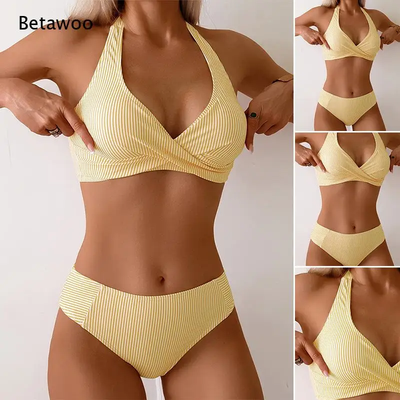 Women Vertical Stripe Halter Wrap Front Bikini High Waist Coverage Split Swimsuit Elastic Quick Dry Beach Swimming Suit