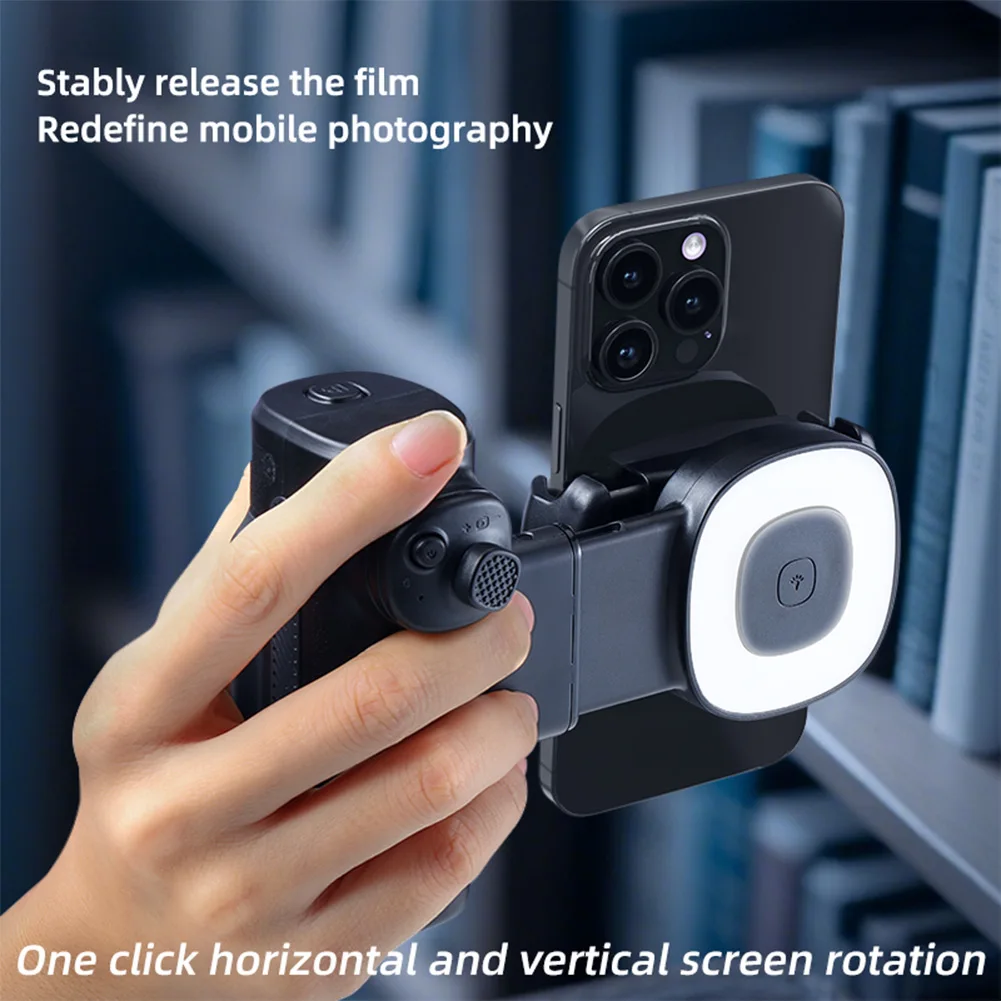 充電式スマホカメラシャッターグリップ-ワンタッチ水平垂直リモコン-セルフィーハンドル-フィルライト付き