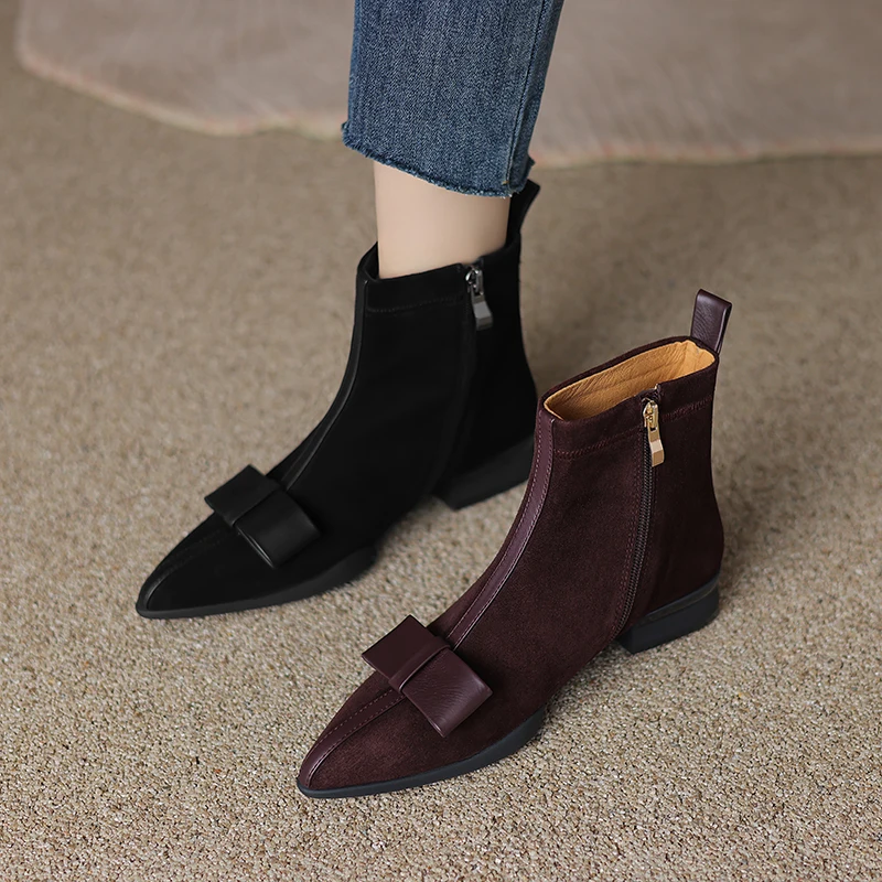 2023 new Autumn winter Women ankle boots natural leather 22-25cm sheep suede+cowhide modern boots Colored Bow chelsea boots