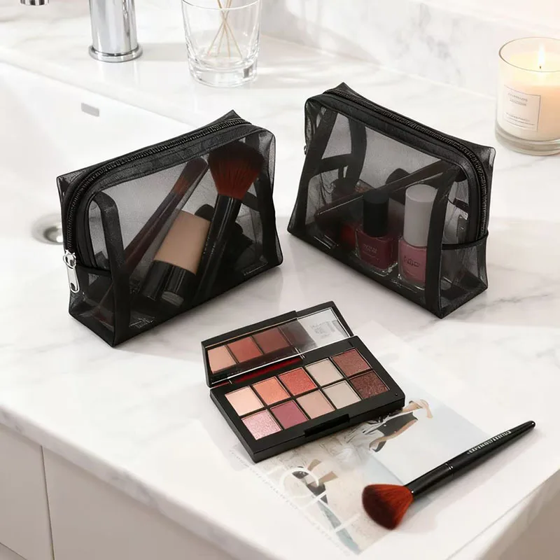 3-Piece Set Mesh Makeup Bag, Ins Style Cosmetic Organizer for Women,Portable Mini Travel Toiletry Pouch for Lipstick & Cosmetics image 3