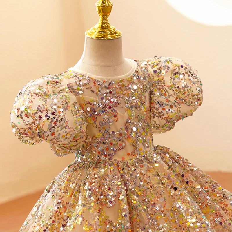 Child Girls Evening Dresses Champagne Gold Luxury 2022 Birthday Party Gown Sequin Pageant Formal Dress Teen Wedding Prom Frock