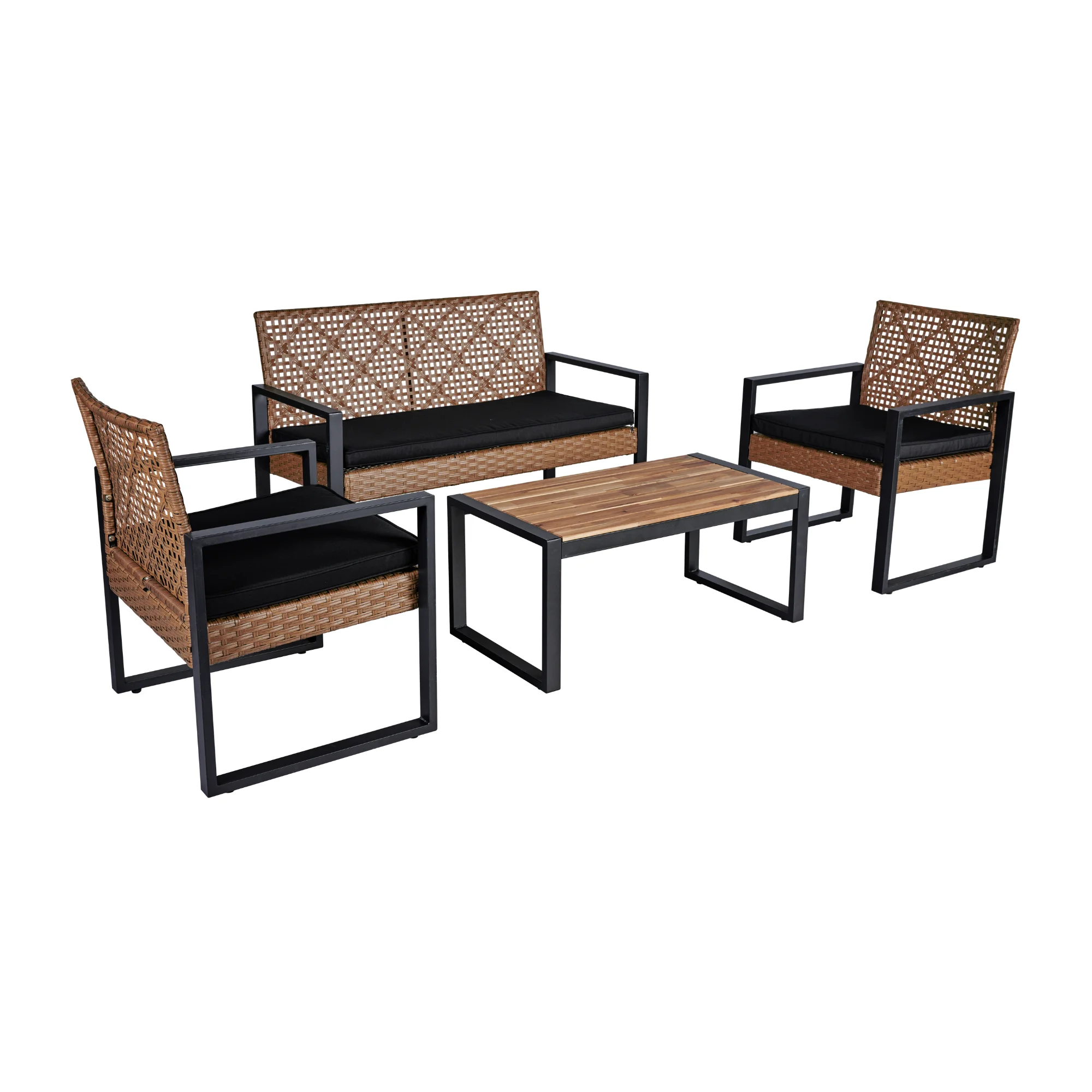 4-Piece Patio Furniture Set Outdoor Balcony Porch Garden Backyard Lawn Furniture Acacia Wood Table Top, Morden Light Brown