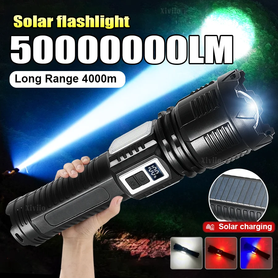 【セール中】最新のソーラー + タイプ c 充電式懐中電灯 5000000LM 超高輝度 LED フラッシュライトズーム長距離 4 キロトーチ強力な穂軸ラントレーン