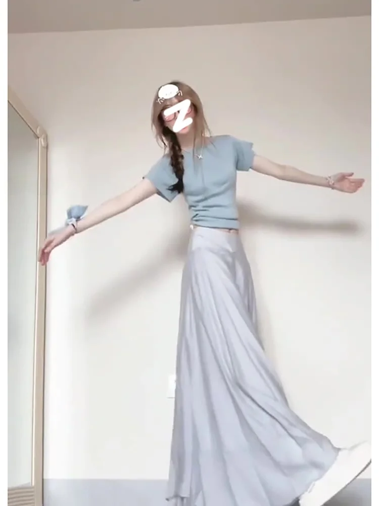 Conjunto de dos piezas de camiseta de punto y pantalones de pierna ancha Salt System, inspirado en series coreanas, atuendo de verano a juego en tono té, a la moda.