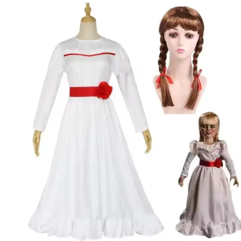 Conjunto de Disfraz Cosplay con Temática de Muñeca de Anime Horror, Vestido Blanco de Manga Larga con Cinturón de Flores Rojas, Peluca Marrón de Doble Trenza con Cinta Roja