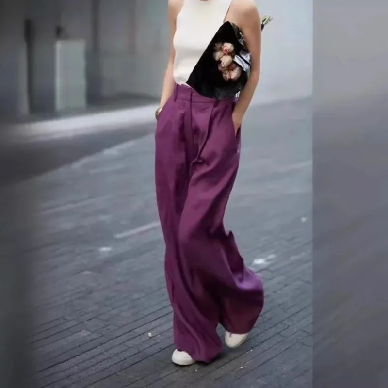 الصيف المحطة الأوروبية المتخصصة تصميم الأرجواني الكتان السراويل واسعة الساقين جيب عارضة السراويل
