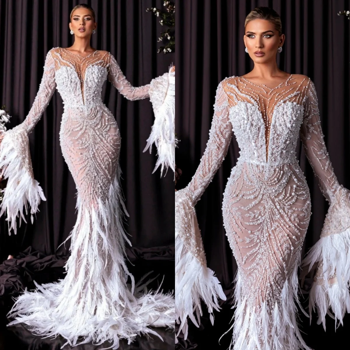 Exquisite Feather Wedding Dresses Pearls Mermaid Bridal Gowns Long Sleeves Illusion Customized Bride Dress Vestidos De Novia