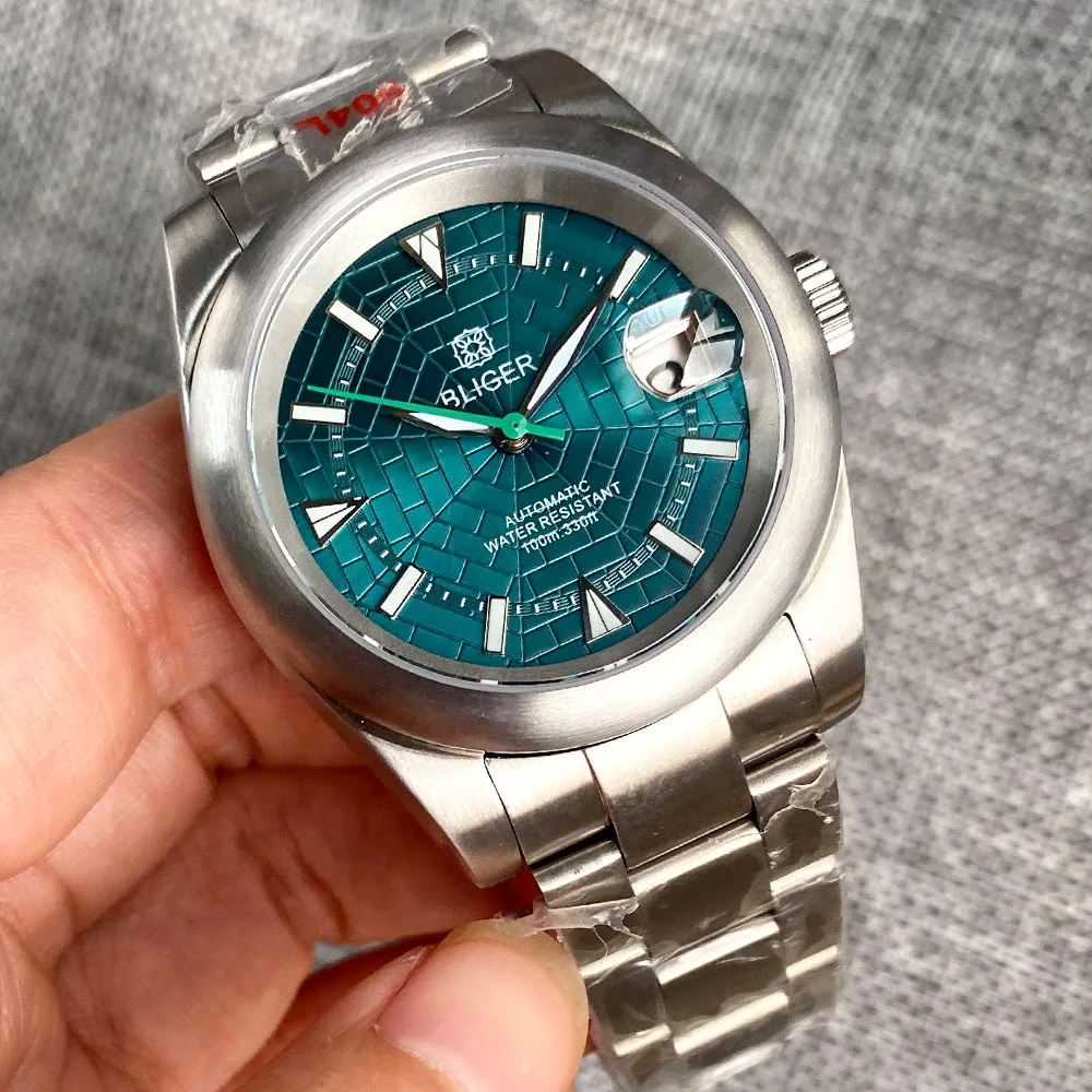 BLIGER-Relógio Automático Homem, Spider Web Dial, Dial NH35, Green Hand, Pulseira 904L, Slide Glide, Lock, Brush, Bezel, 36mm, 39mm