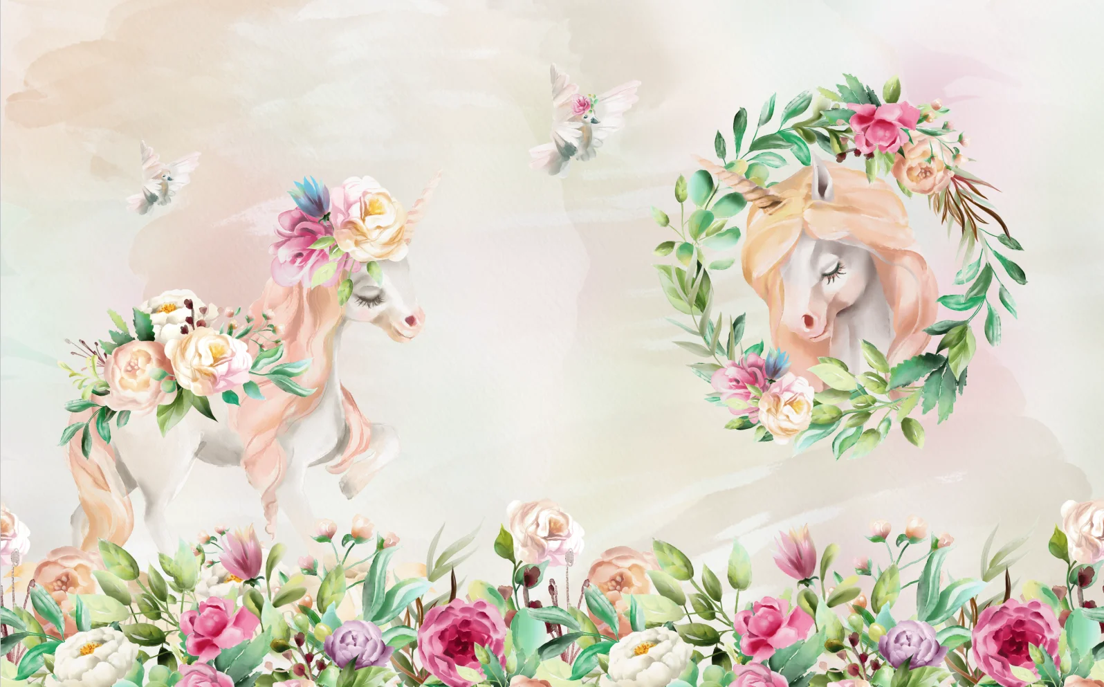 Customized Wallpaper Cartoon mural Nordic pink hand-painted flamingo unicorn children's room background decoration wallpaper