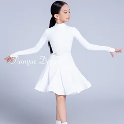 Girls Latin Dance Clothes WHite Long Sleeves Competition Dress Sets Children Cha Cha Rumba Samba Dance Training Wear DNV22358