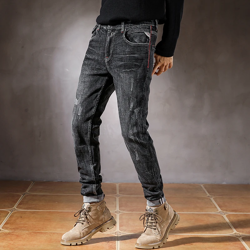 High fashion designer vintage men's jeans black Gray elastic slim ripped jeans men's pants casual stretch jeans Hombre
