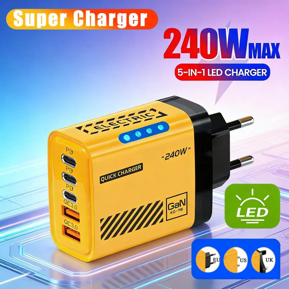Cargador rápido para teléfono de 240W, 5 en 1, GaN, carga súper rápida, con luz LED, adaptador de cargador de pared para iPhone, Xiaomi, con enchufe EU/UK/US.
