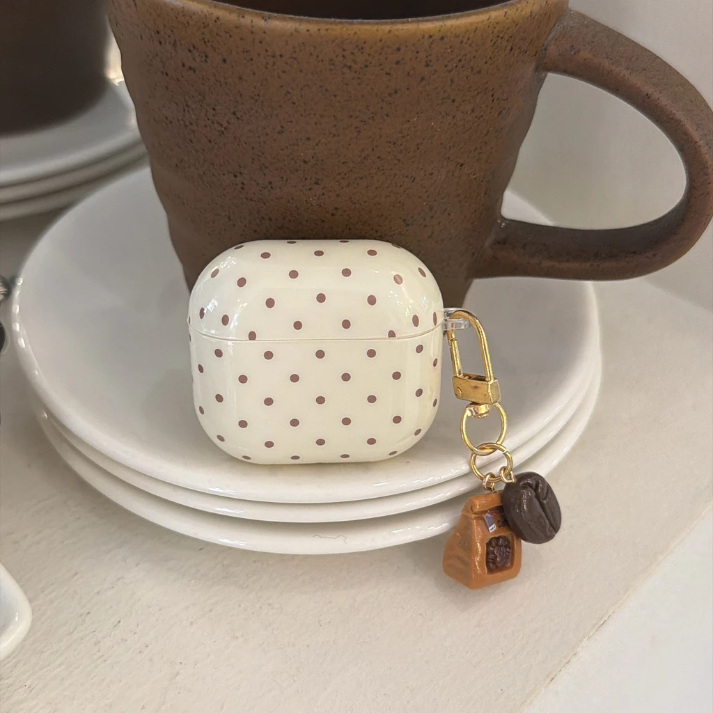 Simple Off White Base Light Brown Polka Dot With Coffee Bean Pendant Earphone Cover Case for AirPods 1 or 2 3 4 5 Pro 2 Pro 3