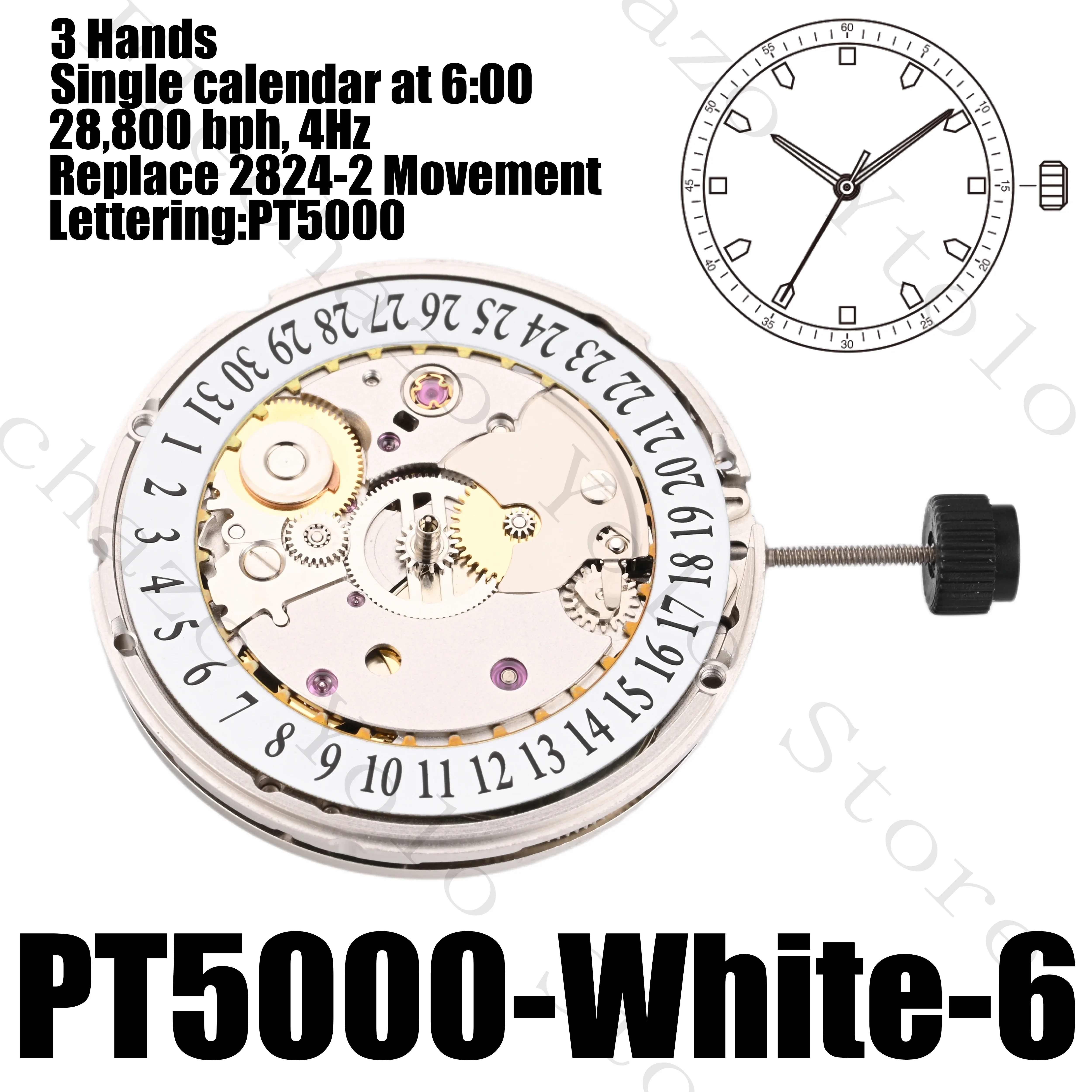 PT5000 Movement Automatic Mechanical Watch Movement 21600 Bph-28800 Bph Date Display Clone 2824 25 Jewels 25.6Mm Diameter