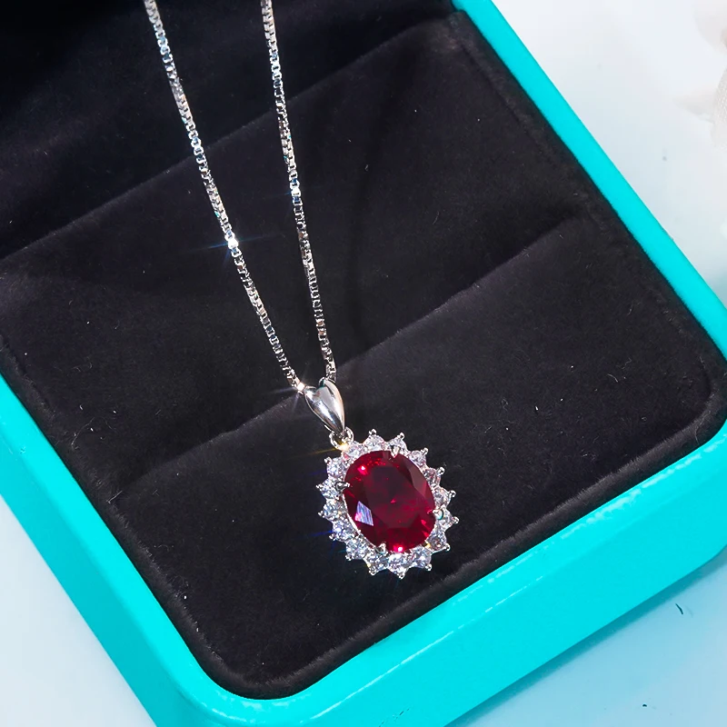 

QINHUAN Luxury Ruby Gemstone Pendant Necklace S925 Sterling Silver High Carbon Diamond Ring for Women Fine Jewelry Banquet