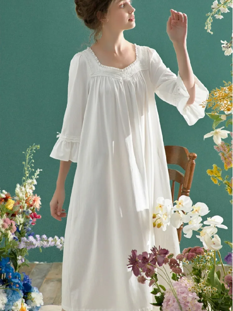 Vintage Soft Cotton Long Nightgowns For Women Spring Summer Three Quarter Elegant Sleeepwear Pregnant Night Dress Plus Size