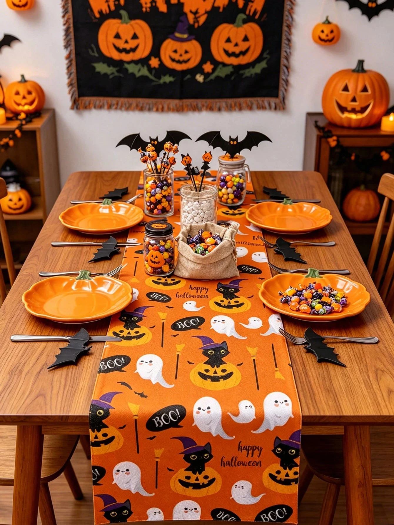 1pc Halloween Linen Table Runner, 2D Cute Black Cat Ghost Pumpkin Print, Multiple Sizes, Ideal Halloween Party Table Decoration