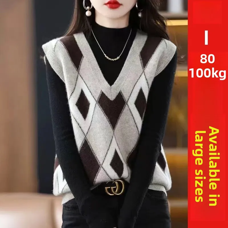 

Женский вязаный шерстяной жилет большого размера для осени и зимы, модный, удобный, с V-образным вырезом, для повседневной носки
