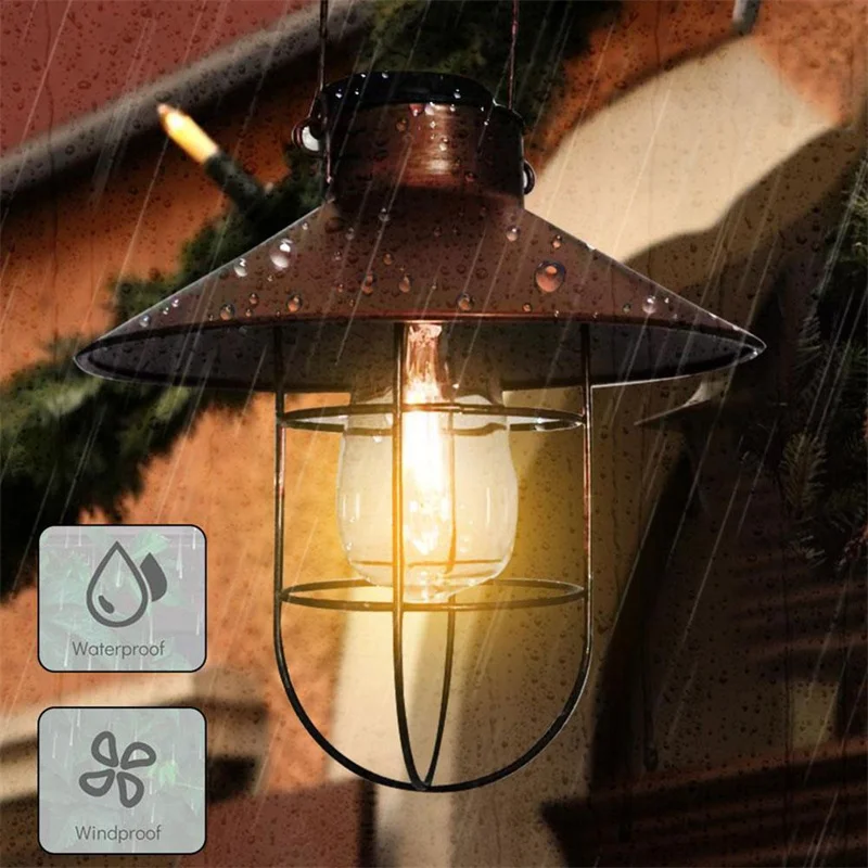 

Solar Lantern Lamp Outdoor Hanging Waterproof Vintage Metal Solar Garden Lights with Tungsten Bulb Decorative for Patio Backyard