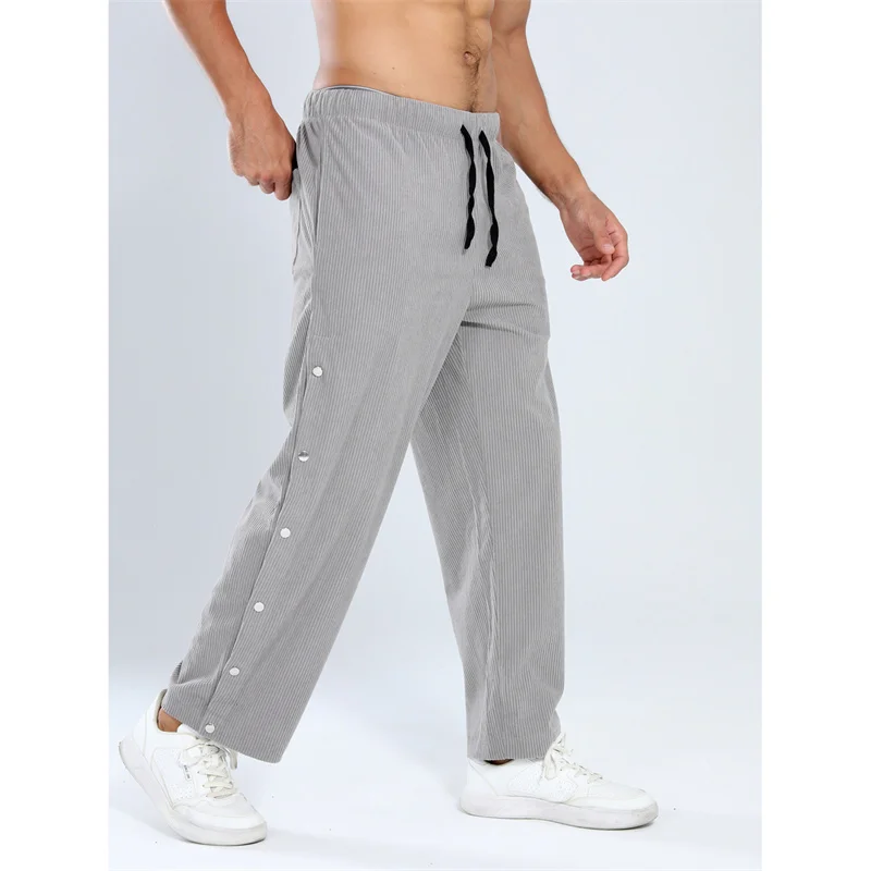 

Весенне-осенний новый стиль, мужские однотонные повседневные вельветовые брюки в стиле ретро с боковыми пуговицами в вертикальную полоску, мужские свободные брюки прямого кроя