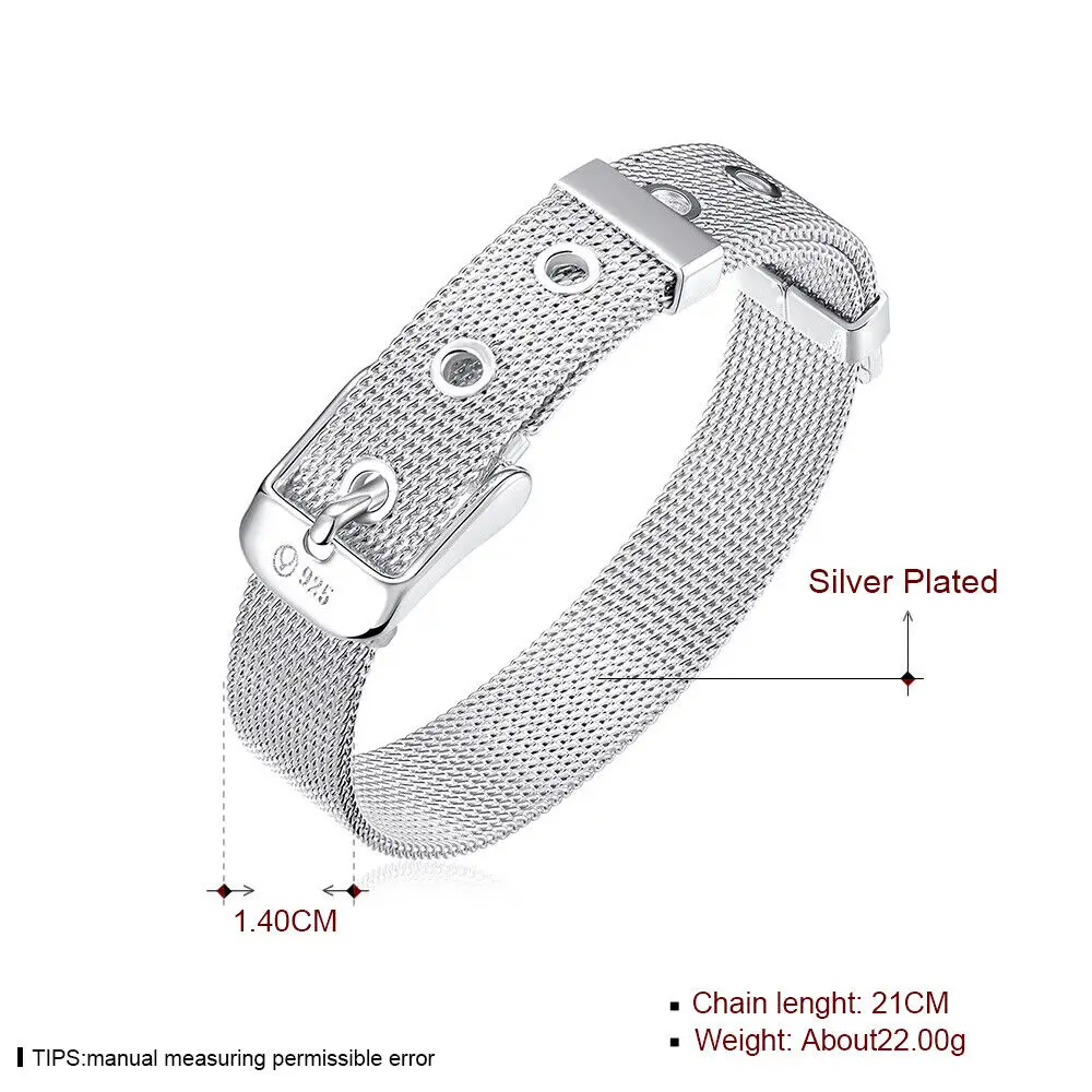 925 Sterling Silver 8 Inch 20CM Adjustable Milanese Strap Belt Buckle Mesh Bracelet Bangle