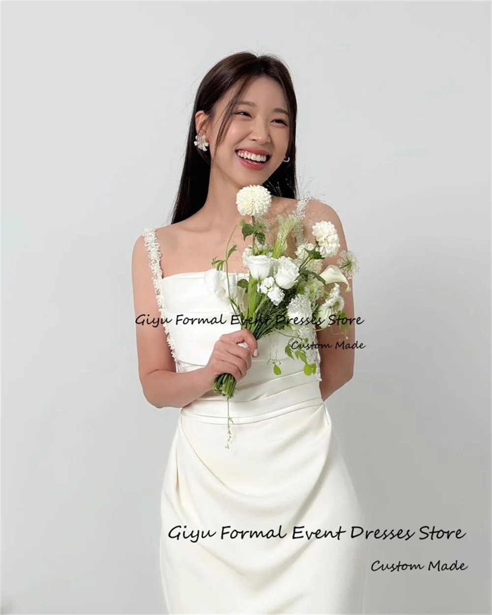 Giyu สปาเก็ตตี้เกาหลีชุดแต่งงานถ่ายภาพแขนกุด Sweep Train Vestidos De Novias ชุดราตรีที่กําหนดเอง