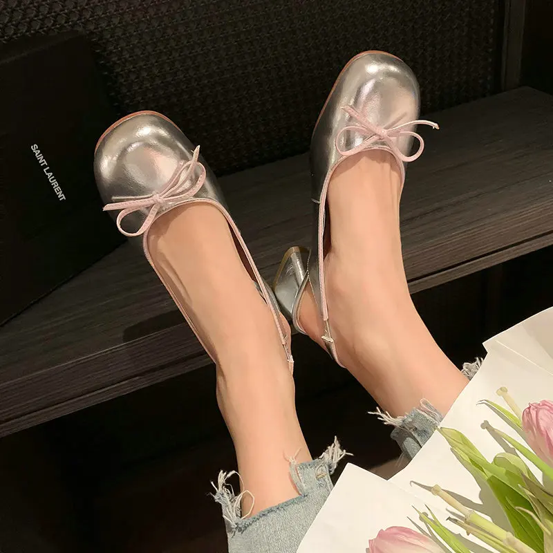 Genuine Leather Sweet Bowtie Knot Lady Summer Slingback Shoes Silver Pink Light Purple Square Chunky Heels Women Luxury Sandals