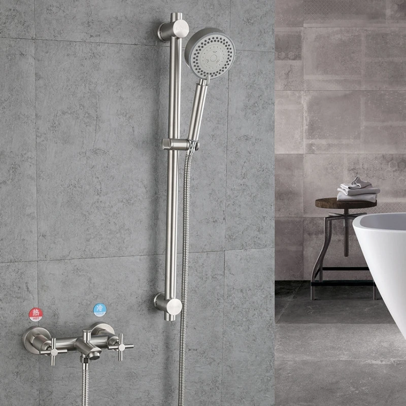 

Bathroom Shower Faucet Stainless Steel Triple Bathtub Faucet Double Cross Handle Dual Control Hot Cold Mixer Valve Nozzle Tap