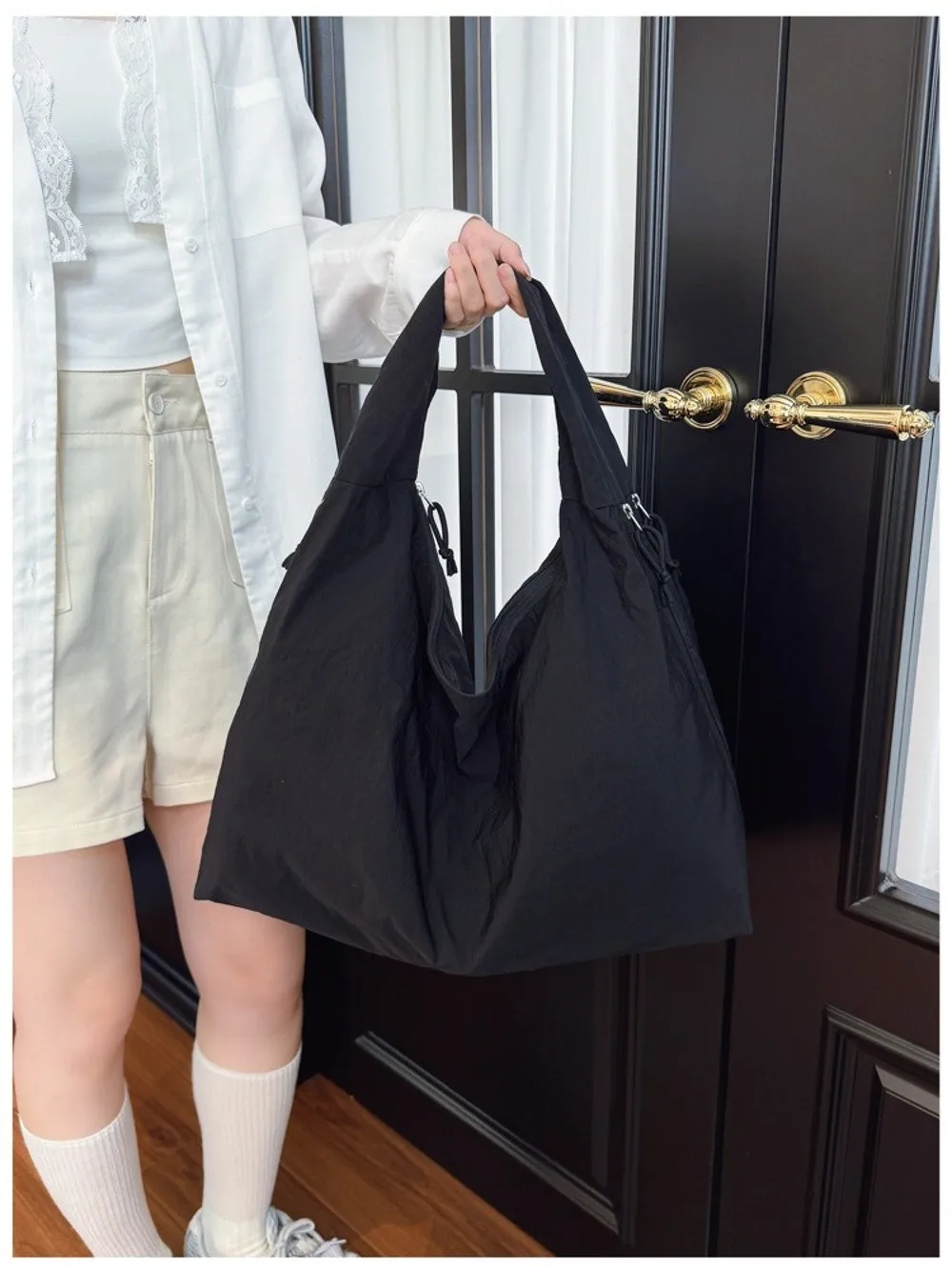 Nylon-Schultertasche, einfarbig, große Kapazität, mehrere Taschen, wasserdichter Reißverschluss, Einkaufstasche für Frauen und Mädchen – Detail 3