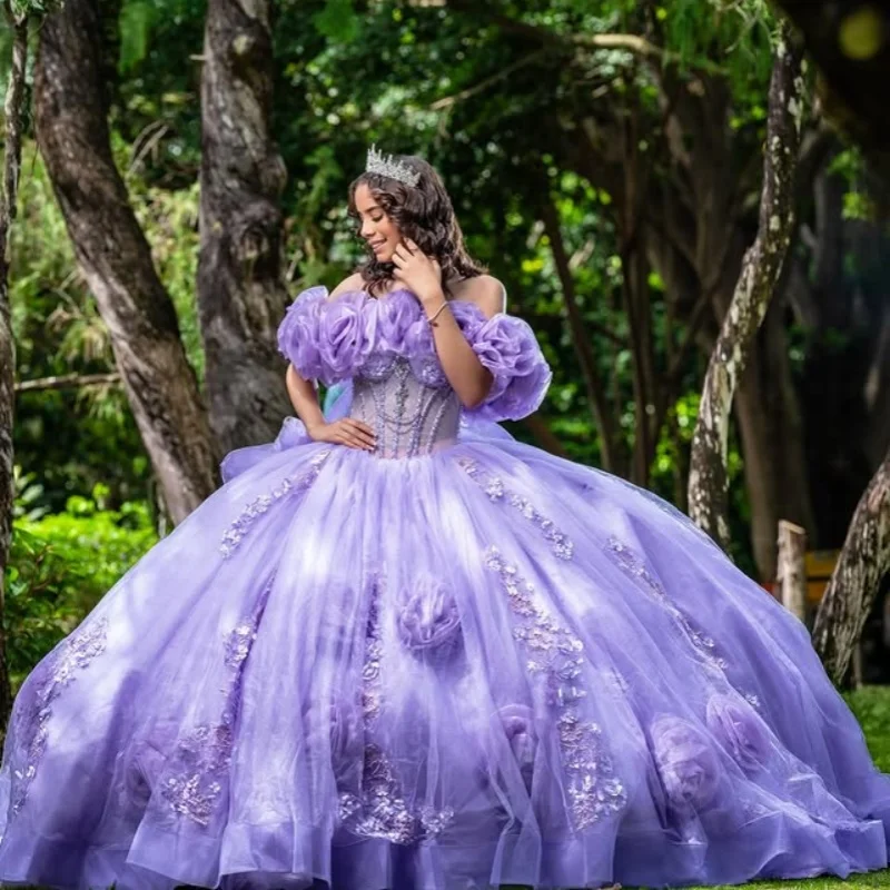 

Customized Purple Quinceanera Dresses Off the Shoulder Tull sequin applique Lace 3D flower Long tail Bow Vestido 15 Quinceanera