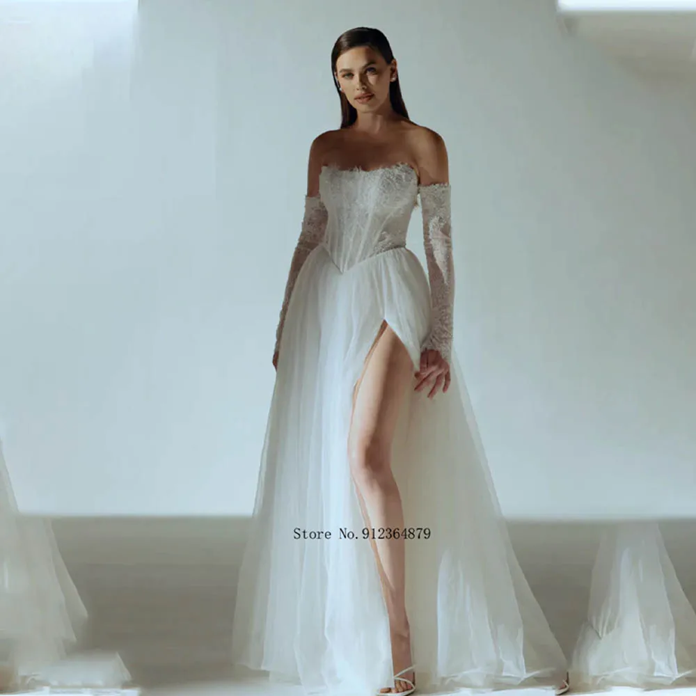 

New Scoop Neckline Lace Applique Tulle Bridal Grown Wedding Dresses Side Slit Custom Made 2026 Vestido De Noival