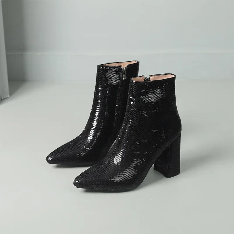 Gorgeous Glitter Sequins Chelsea Boots British Retro Pointed Square Heel Zipper Short Knight Boots Sexy Women's Boots 33&43