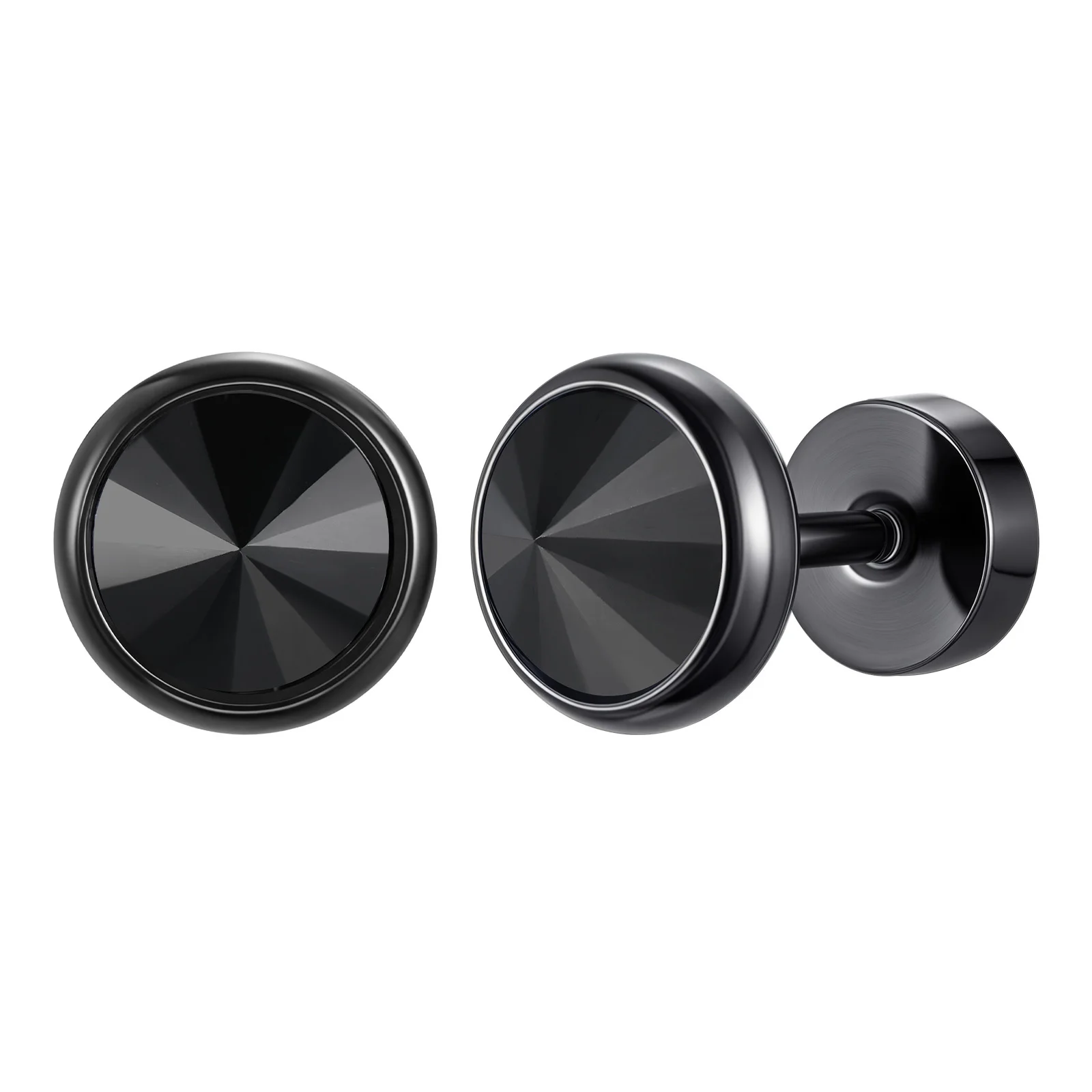 Men's Black Stainless Steel Stud Earrings, 8MM