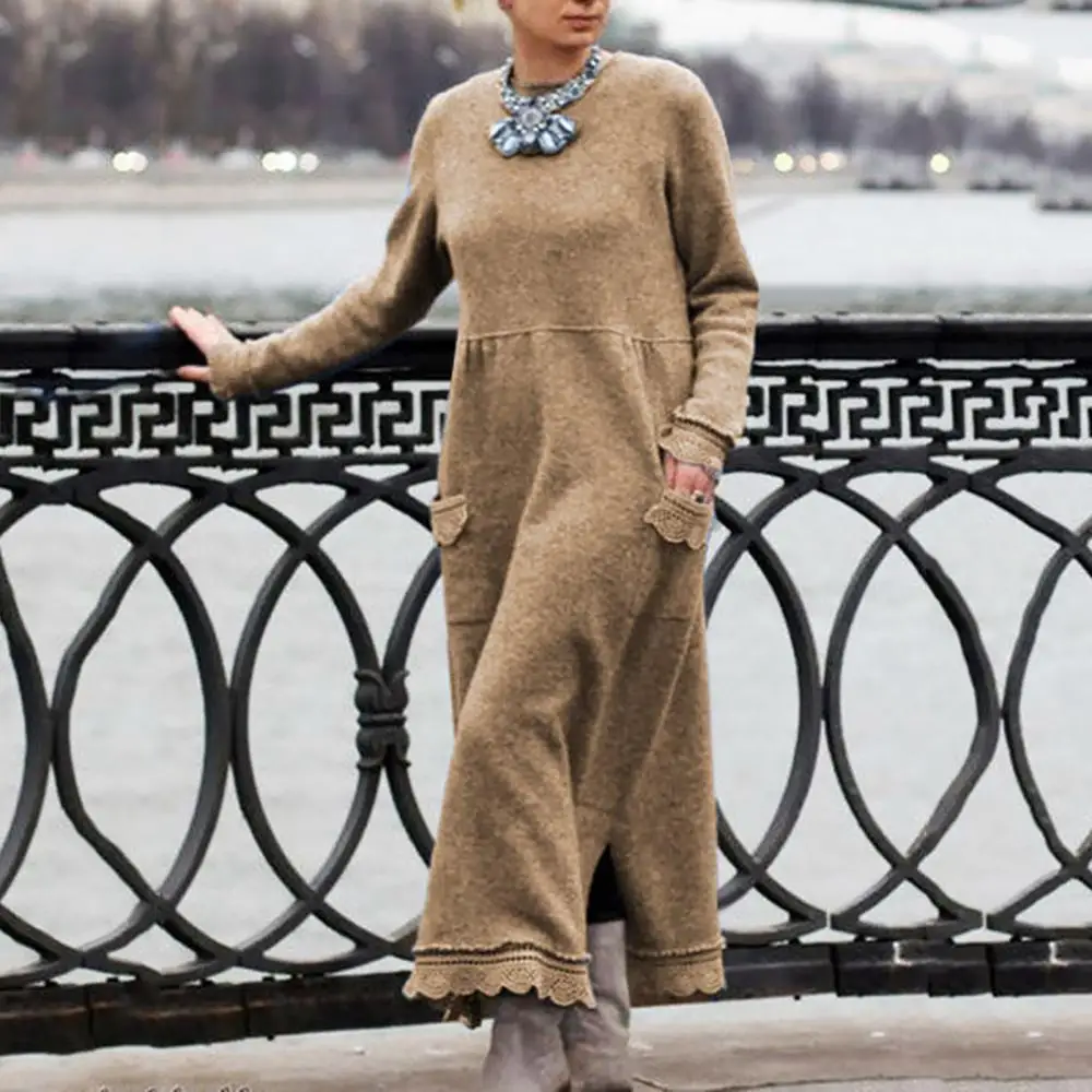 Women Sweater Dress Vintage Sexy Knit O Neck Split Dress Autumn Winter Long Sleeve Lacework Hem Plus Size Knitted Maxi Dress