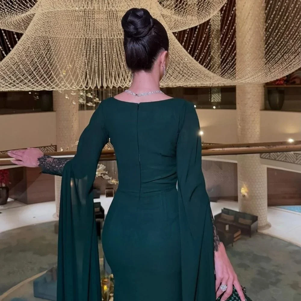 Personalizado requintado manga longa sereia vestido de noite encantador alta divisão vestido de baile sexy rendas babados vestido de festa فسات evimavera