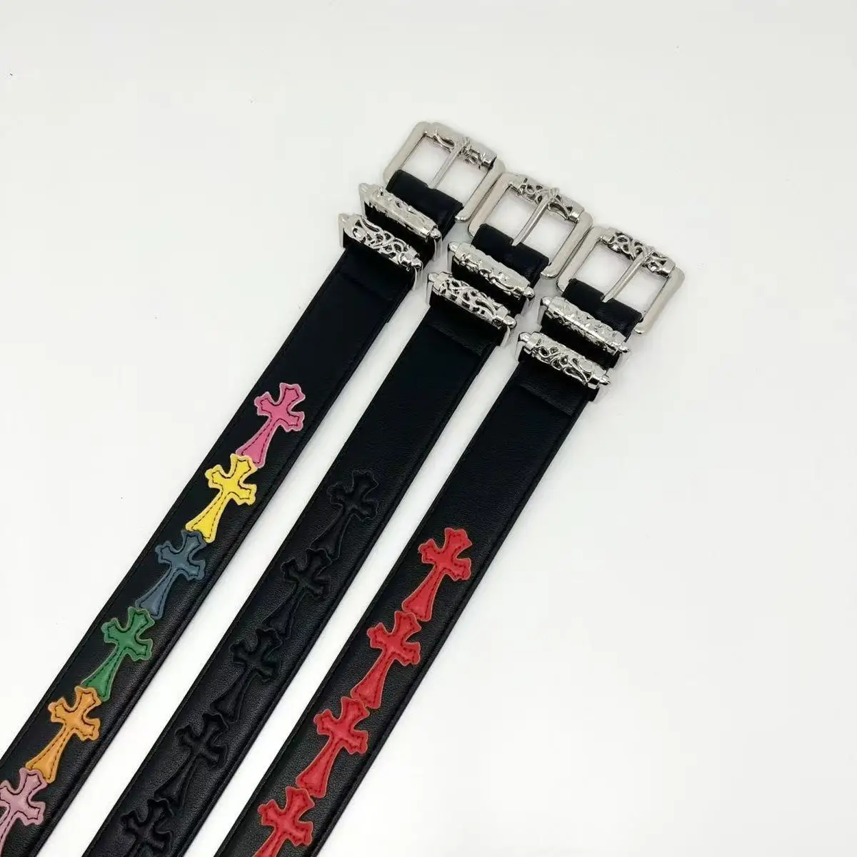 Cro CH Needle Buckle Belt for Men and Women with Hollow Red Patchwork Cross Vine Belt Star Style Retro Classic