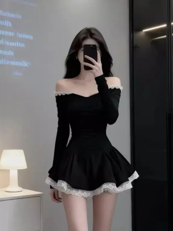 

Princ Sle Off-oulder A-Line Dr Women's Autumn Winter Ele Soft Lace Waist-Cinching ort Skirt Single Piece